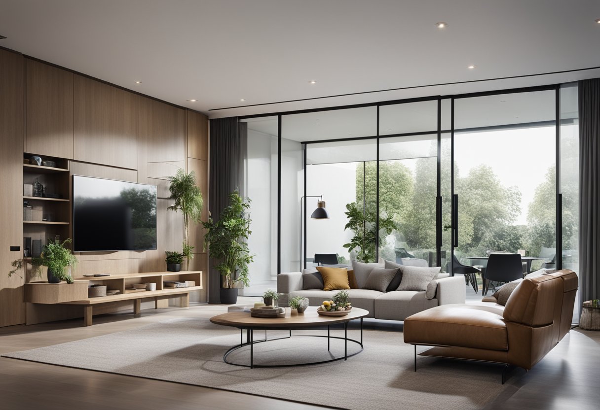 A modern living room with sleek sliding doors, blending function and style seamlessly