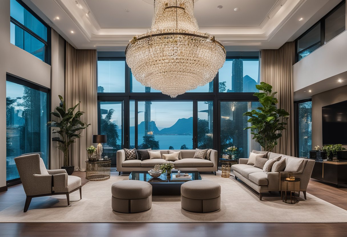 A grand, high-ceiling living room with elegant furniture, large windows, and a statement chandelier. Decor includes luxurious fabrics, art, and greenery