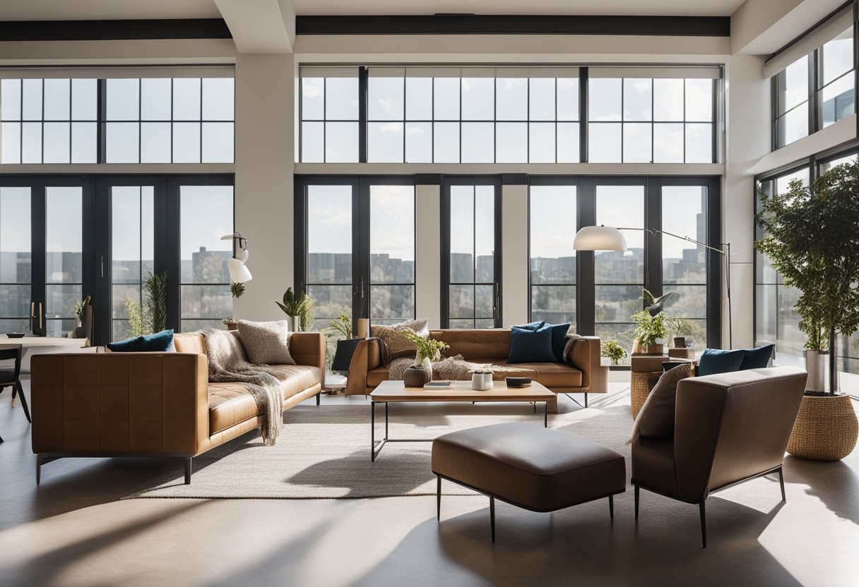 A spacious living room with a high ceiling, modern furniture, and ample natural light streaming in through large windows