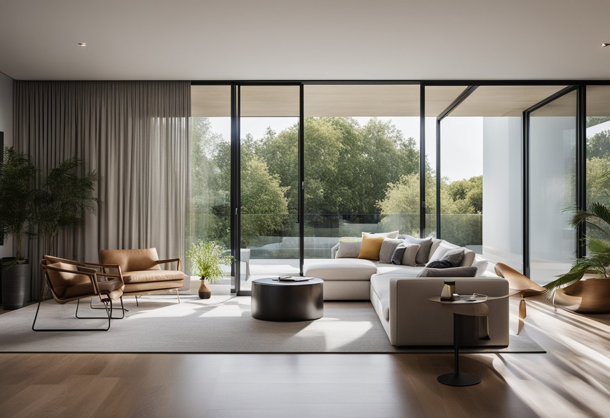 A modern living room with a sleek sliding door. Clean lines, minimalistic design, and natural light streaming in