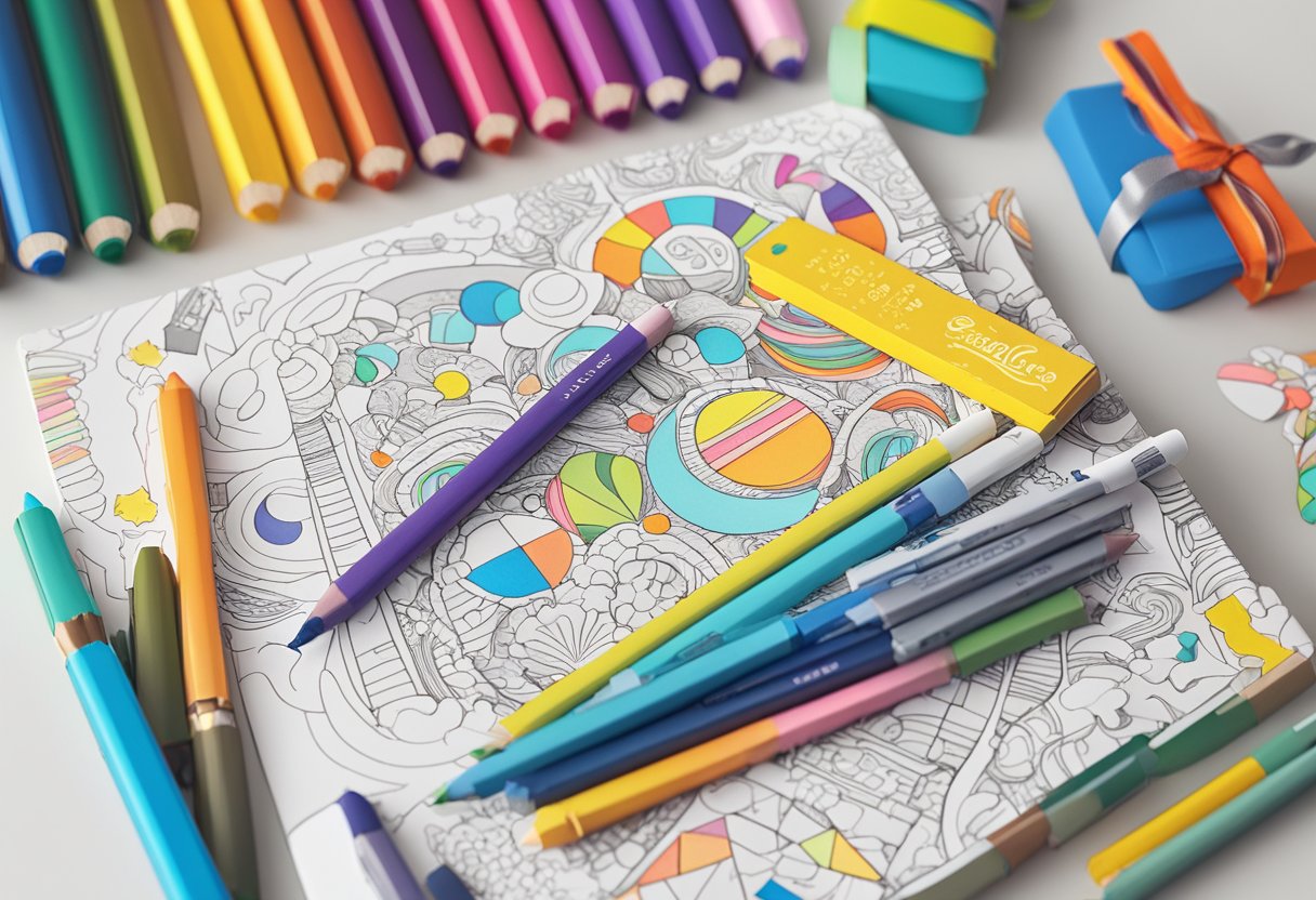 A pile of colorful, themed coloring books arranged on a table, with a variety of markers and pencils scattered around. A ribbon and gift tag are placed nearby