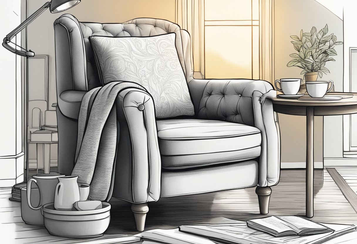 A cozy armchair with a side table holding a variety of coloring books, surrounded by warm, soft lighting. A cup of tea or coffee sits nearby, inviting the viewer to sit and relax while choosing the perfect coloring book