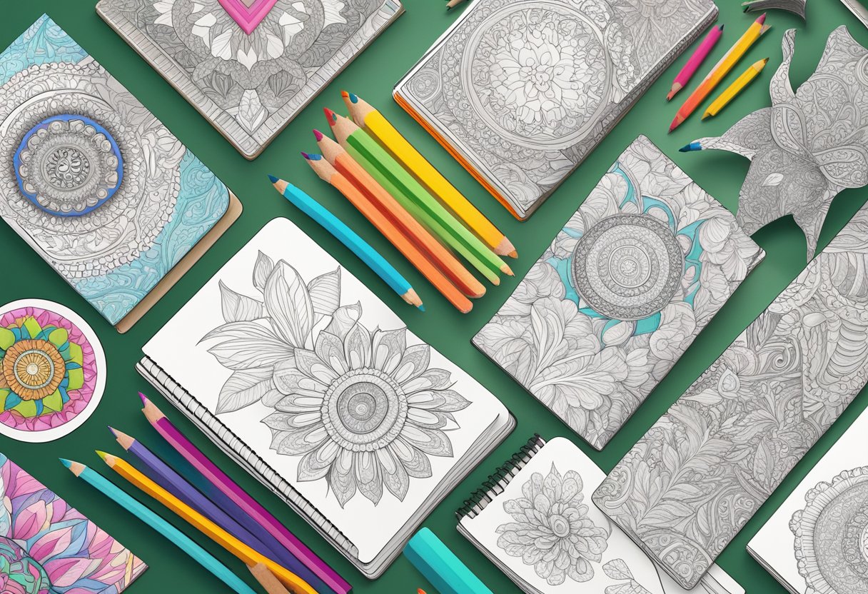 A colorful array of themed coloring books, from mandalas to animals, displayed on a table with vibrant pencils and markers