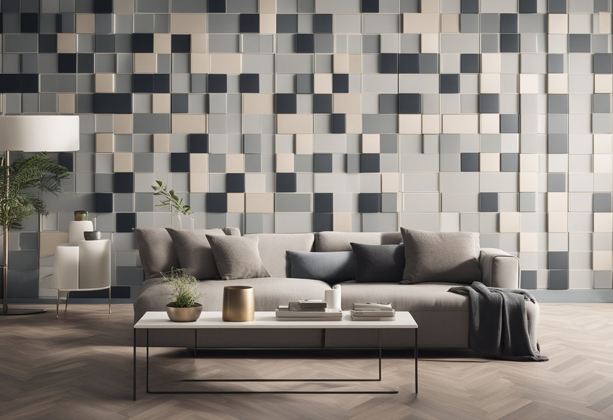 A spacious living room with sleek, geometric tiles in muted tones. The tiles are arranged in a contemporary pattern, creating a modern and elegant atmosphere