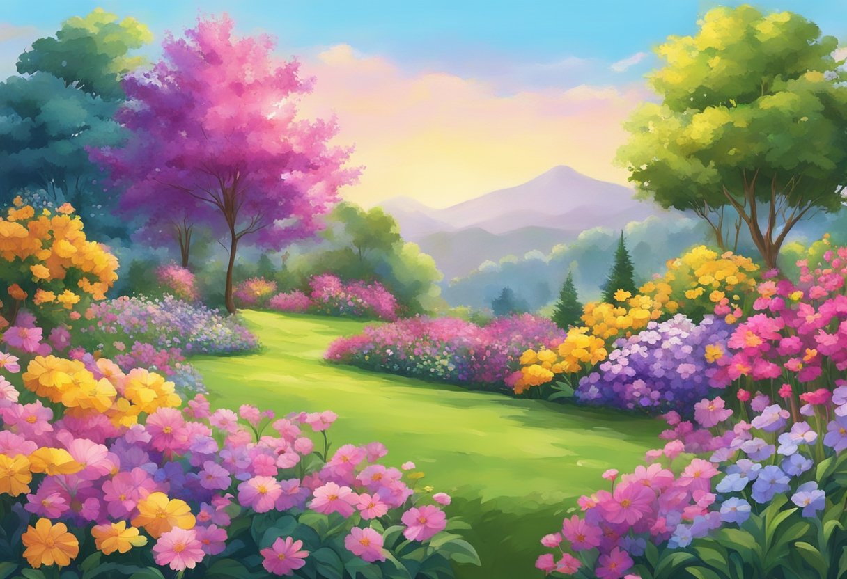 A vibrant garden bursting with blooming flowers in various shades of pink, purple, and yellow. A clear blue sky and lush green grass complete the colorful spring scene