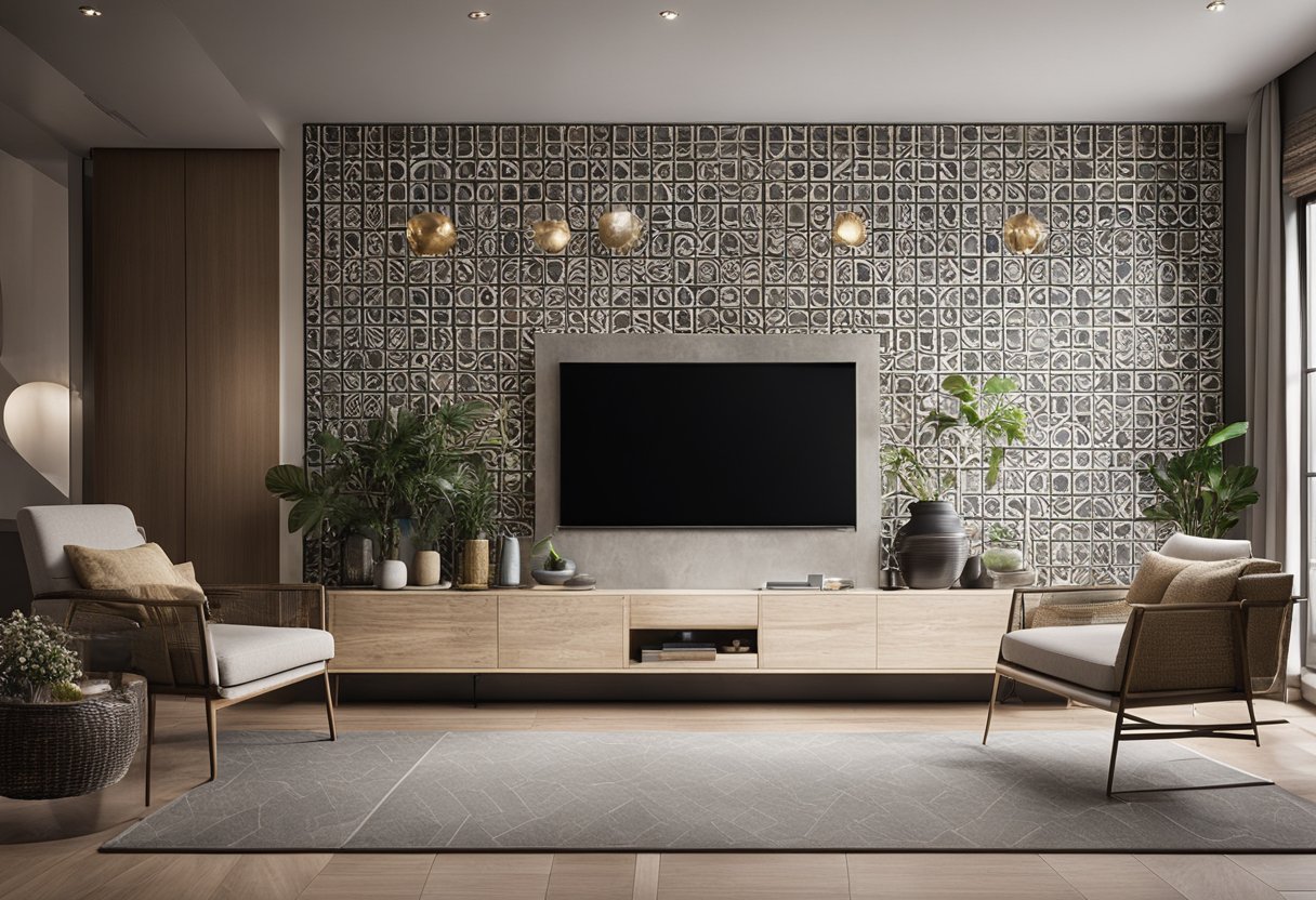 A modern living room with a variety of tile materials and styles, including sleek ceramic, natural stone, and bold geometric patterns