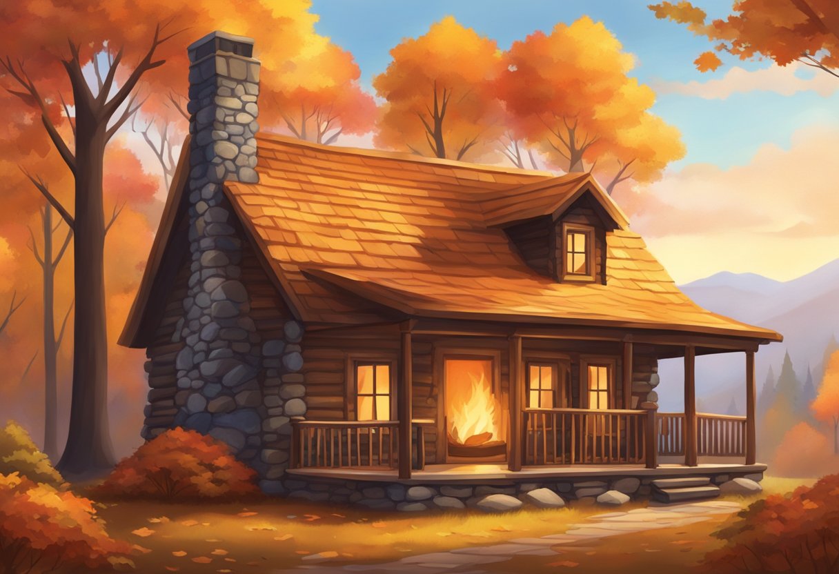 A cozy cabin nestled among vibrant autumn foliage, with a warm fire burning inside and a gentle breeze rustling the leaves outside