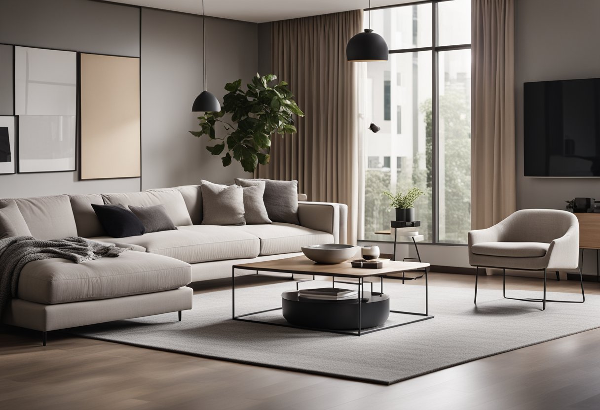 A spacious living room with sleek, modern tiles in neutral tones. A large, comfortable sofa sits in the center, surrounded by minimalist furniture and a stylish coffee table. Large windows flood the room with natural light, creating a welcoming and contemporary space