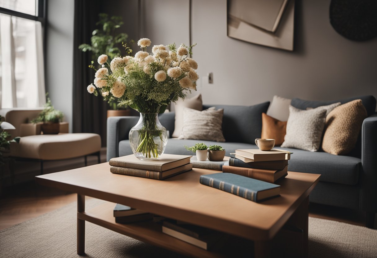 A cozy living room with a small table in the center, adorned with a vase of flowers and a stack of books. A warm, inviting atmosphere with soft lighting and comfortable seating