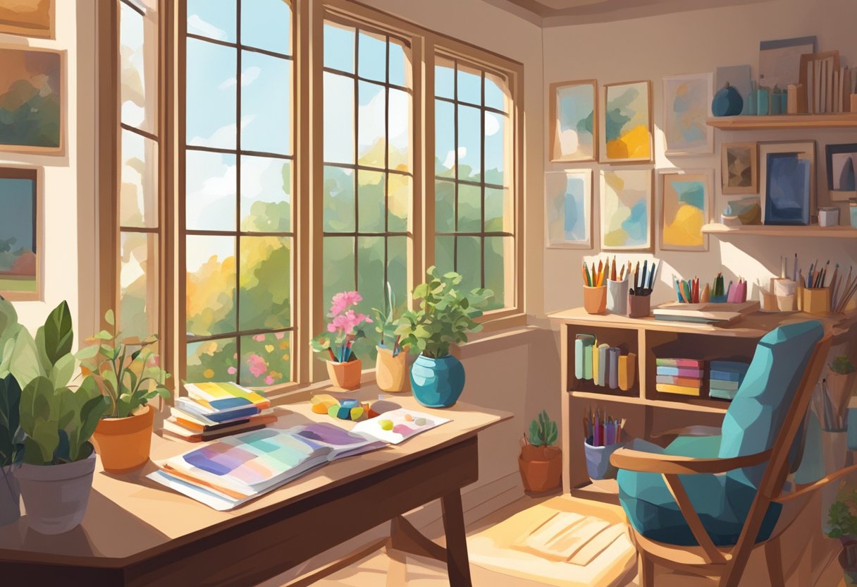 A cozy, sunlit studio filled with art supplies and colorful palettes. A window overlooks a serene garden, inspiring creativity