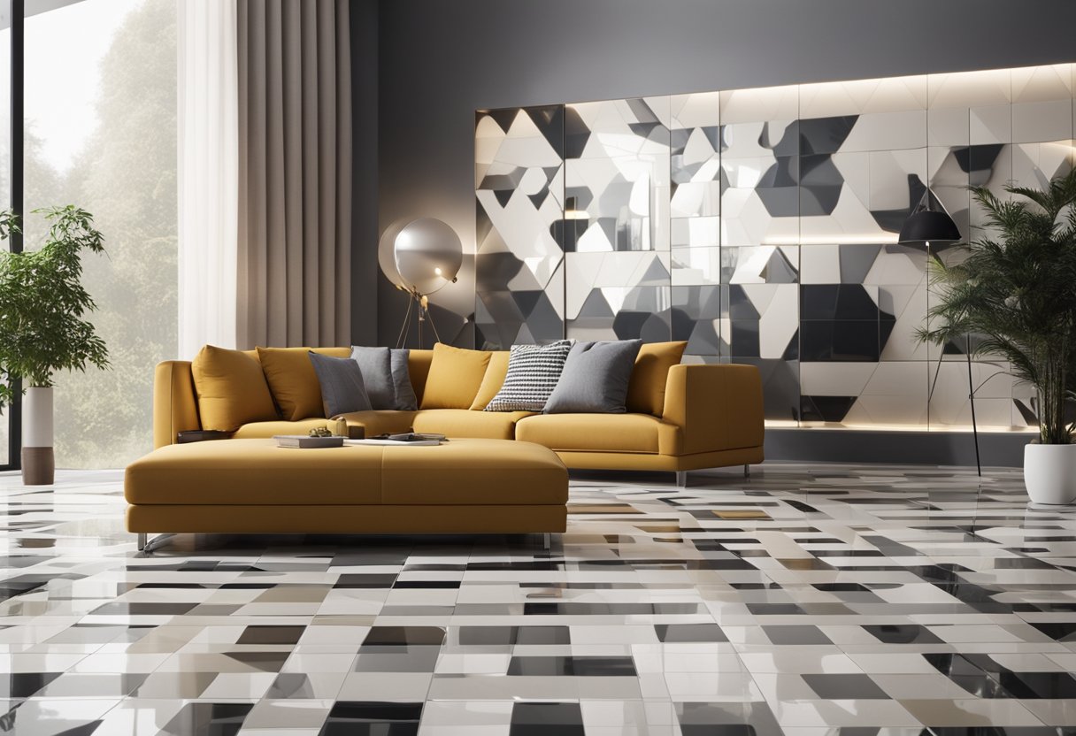 A spacious living room with sleek, modern tiles covering the floor. The tiles are large and rectangular, with a glossy finish and a subtle, geometric pattern