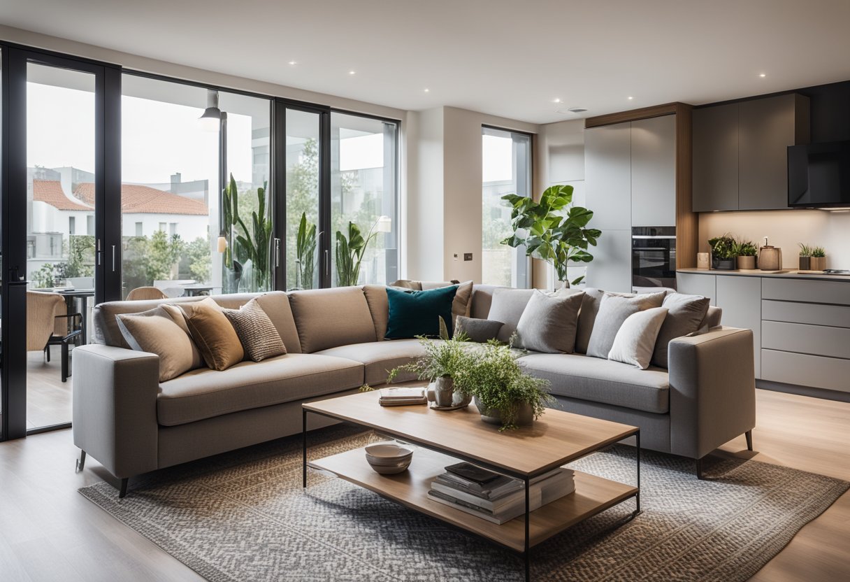 A cozy living room with a stylish sofa and coffee table, leading into a modern kitchen with sleek appliances and a dining area. A hallway leads to two spacious bedrooms with large windows and plenty of natural light