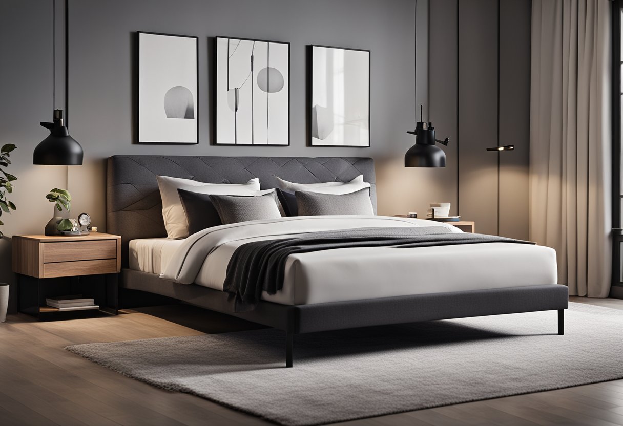 A modern bedroom with essential furniture, clean lines, and minimalist decor. A platform bed with a sleek headboard, a simple nightstand with a lamp, and a cozy rug on the floor