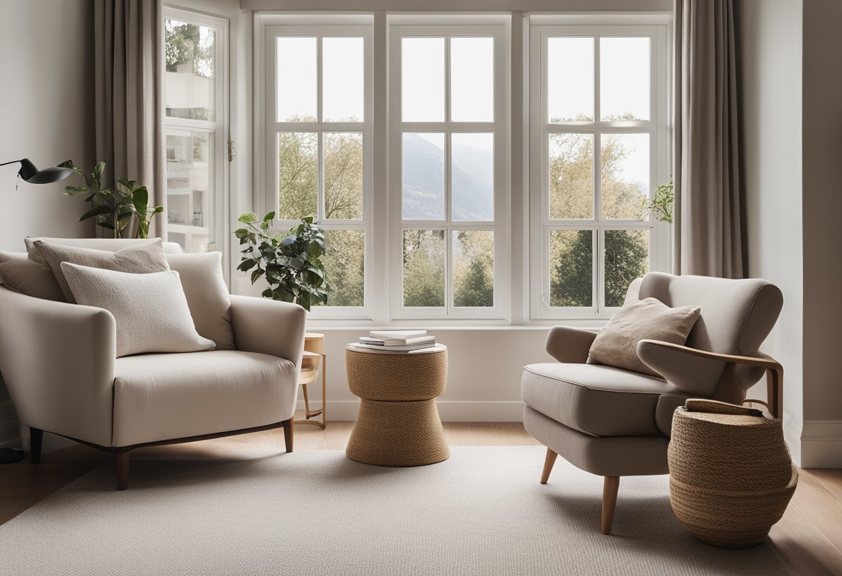 A cozy, minimalist bedroom with a neutral color palette, large windows letting in natural light, and a comfortable reading nook with a plush armchair and a small side table