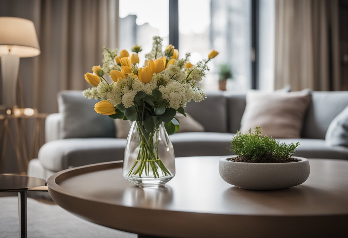 A small table with sleek lines and a modern design sits in a cozy living room, adorned with a vase of fresh flowers and soft lighting to create a warm and inviting atmosphere