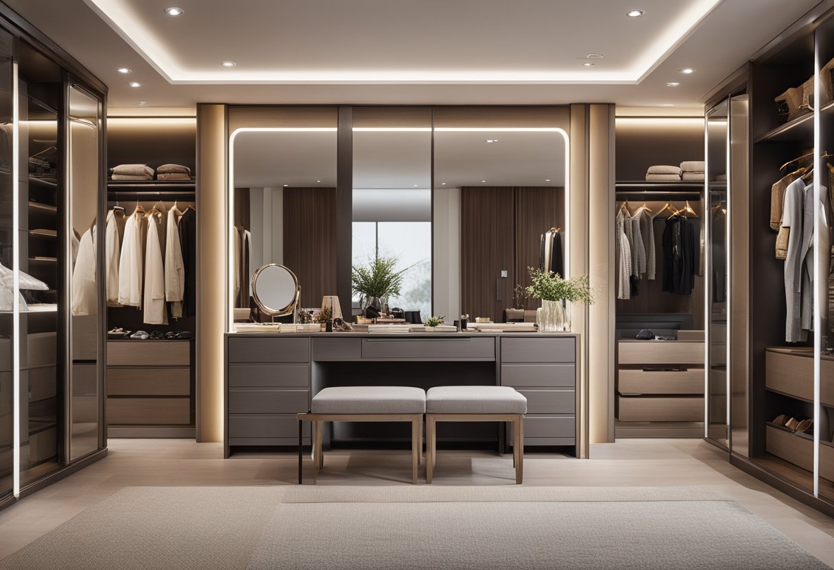 A spacious dressing room with a modern bedroom design, featuring a large mirror, luxurious seating, and ample storage for clothing and accessories