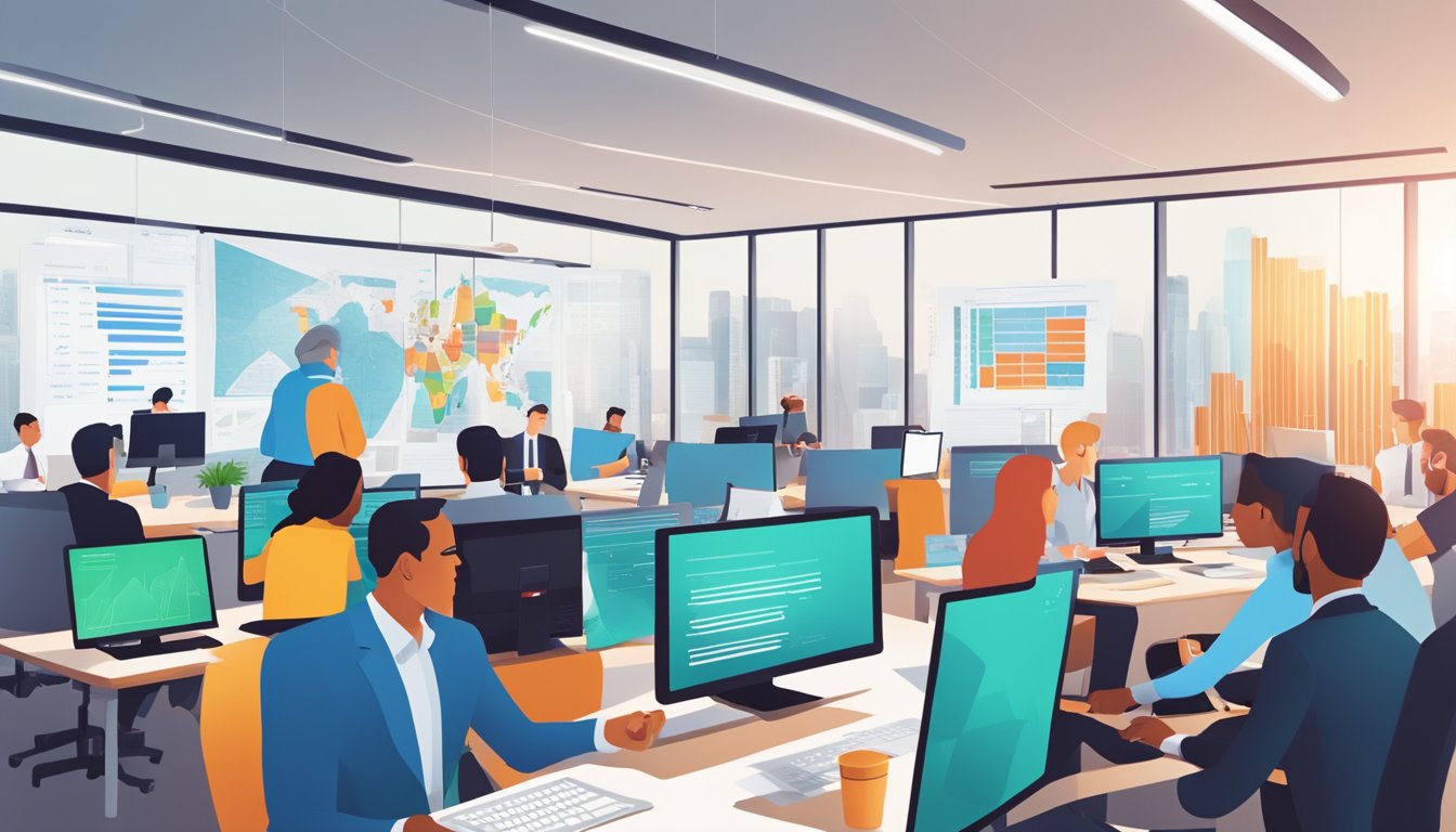 A bustling office with a diverse group of professionals discussing financial plans and reviewing paperwork for a Westpac business loan. Computer screens display financial data and charts, while a sense of determination and focus fills the room
