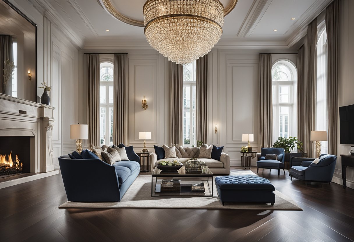 A grand living room with high ceilings, featuring a chandelier, tall windows, and luxurious furniture arranged around a central fireplace