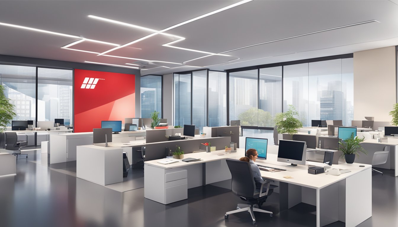 A sleek, modern office setting with a prominent Westpac logo displayed. Various financial products and features, including a business loan, are showcased on digital screens and brochures