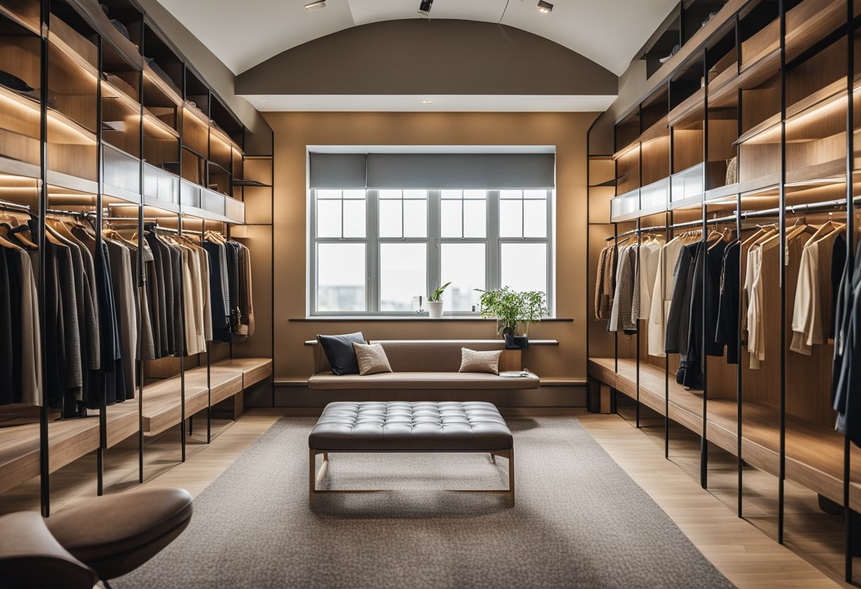 A spacious dressing room with custom shelving, a cozy seating area, and ample natural light pouring in through large windows