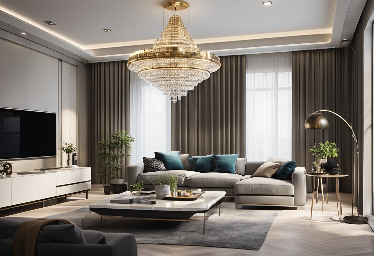 A spacious living room with tall windows, a grand chandelier, and modern furniture arranged to accentuate the height of the room
