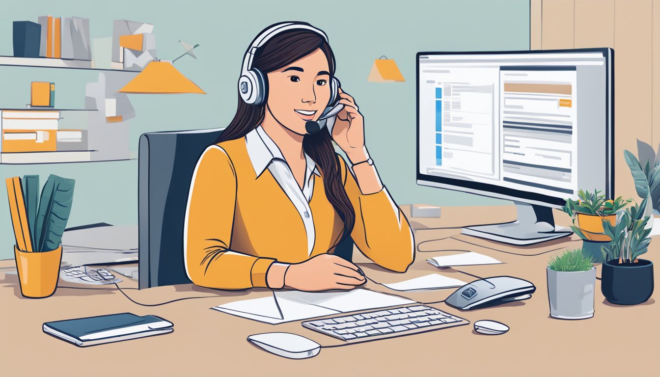 A customer service representative at a desk, with a computer and phone, answering questions about Westpac business loans