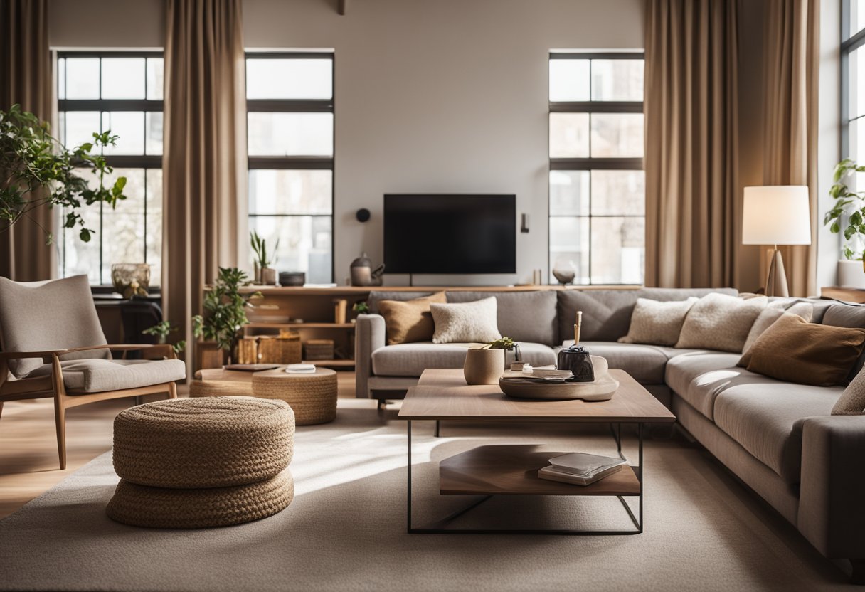 The living room features warm, natural lighting with accent lights highlighting artwork. Earthy tones and textured fabrics create a cozy, inviting atmosphere
