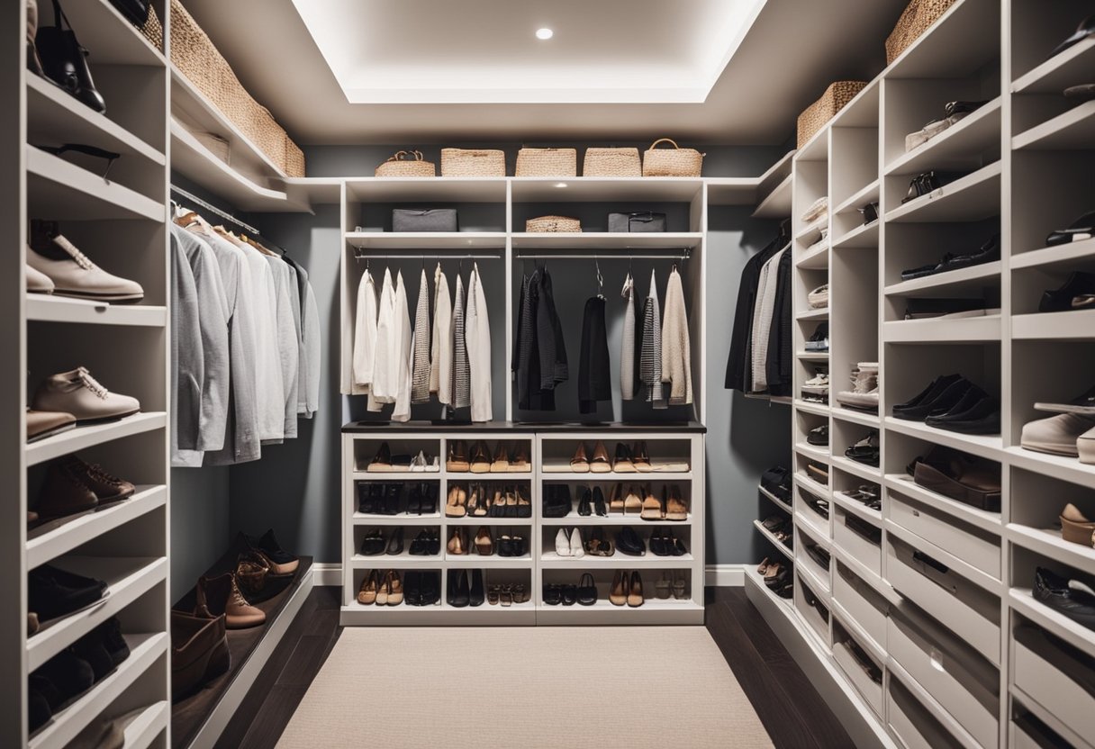 A well-organized dressing room with built-in storage, shelves, and drawers. Clothes neatly hung, shoes lined up, and accessories displayed for easy access