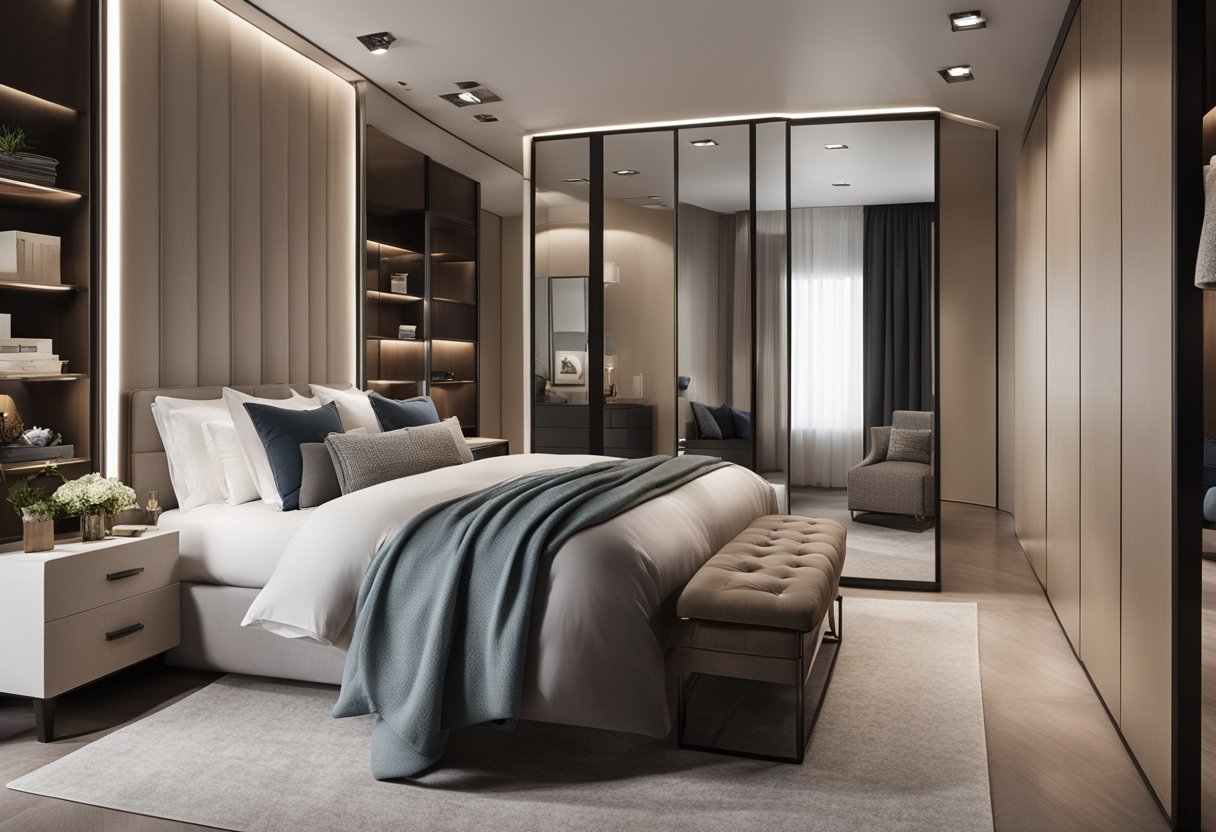 A spacious bedroom with a modern dressing room area featuring sleek storage units, a large mirror, and a comfortable seating area