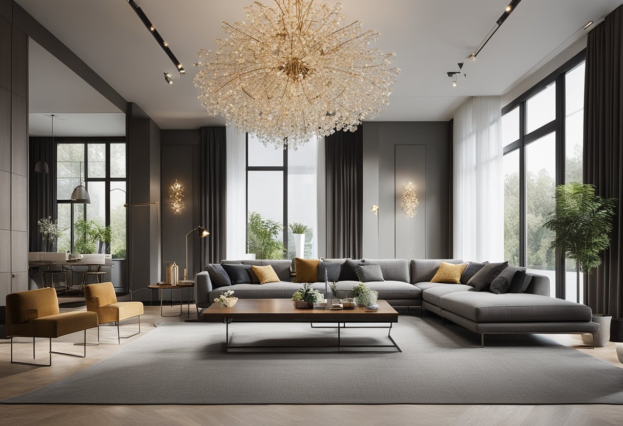 A spacious living room with high ceilings, modern furniture, and large windows. A cozy seating area is complemented by a statement chandelier and decorative accents