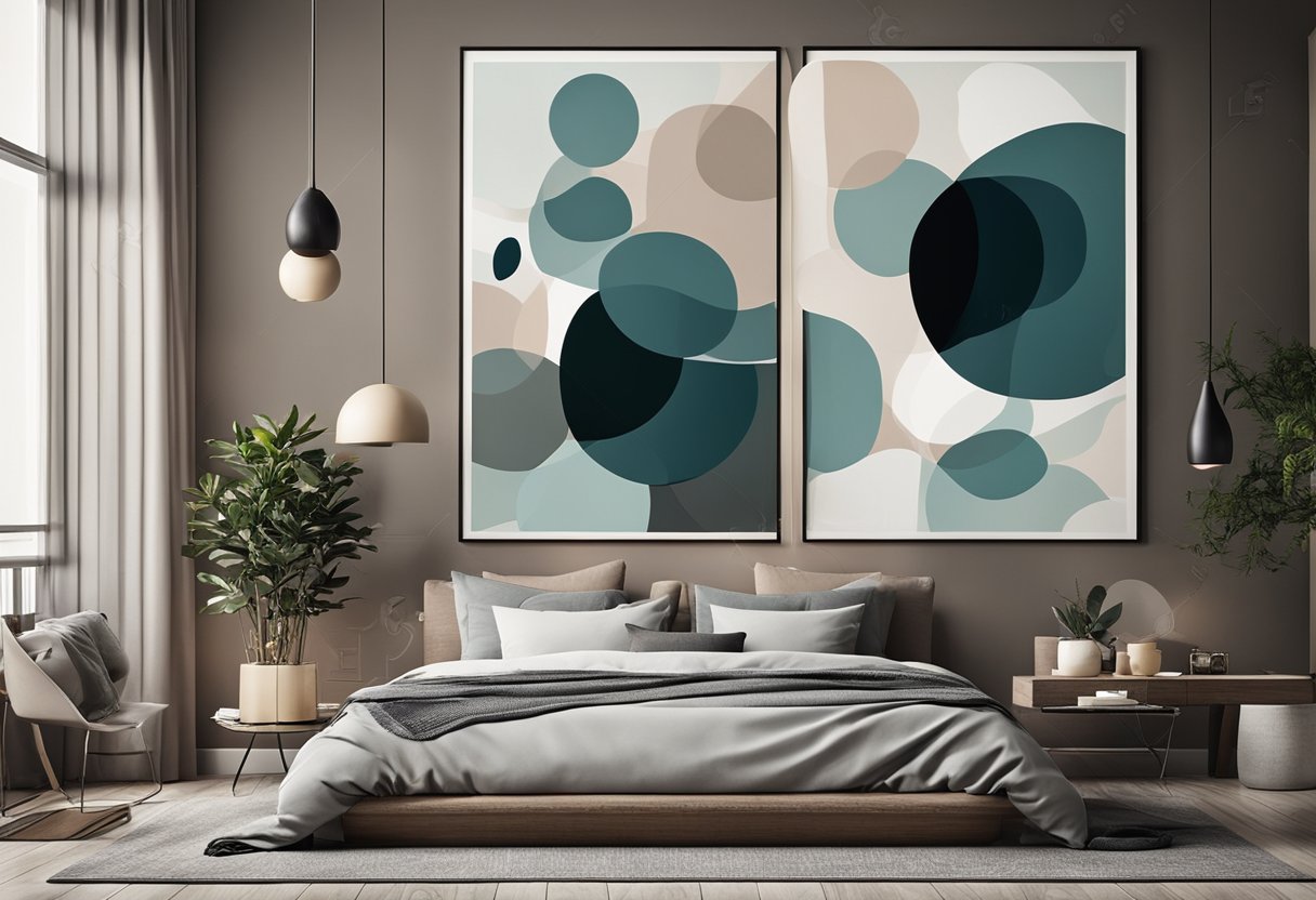 A cozy bedroom with a large wall art design featuring abstract shapes and calming colors. The design adds a modern and artistic touch to the room