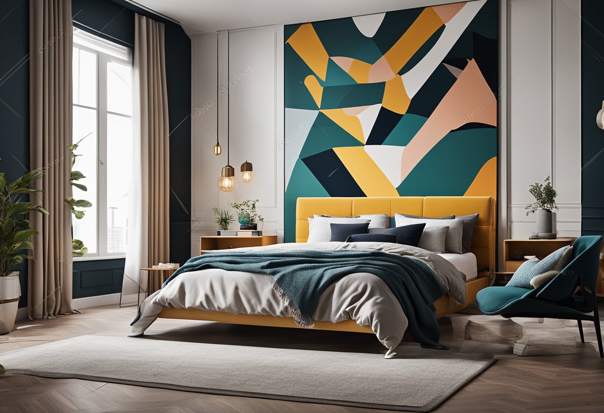 A cozy bedroom with a modern wall art design featuring abstract shapes and bold colors, creating a stylish and contemporary atmosphere