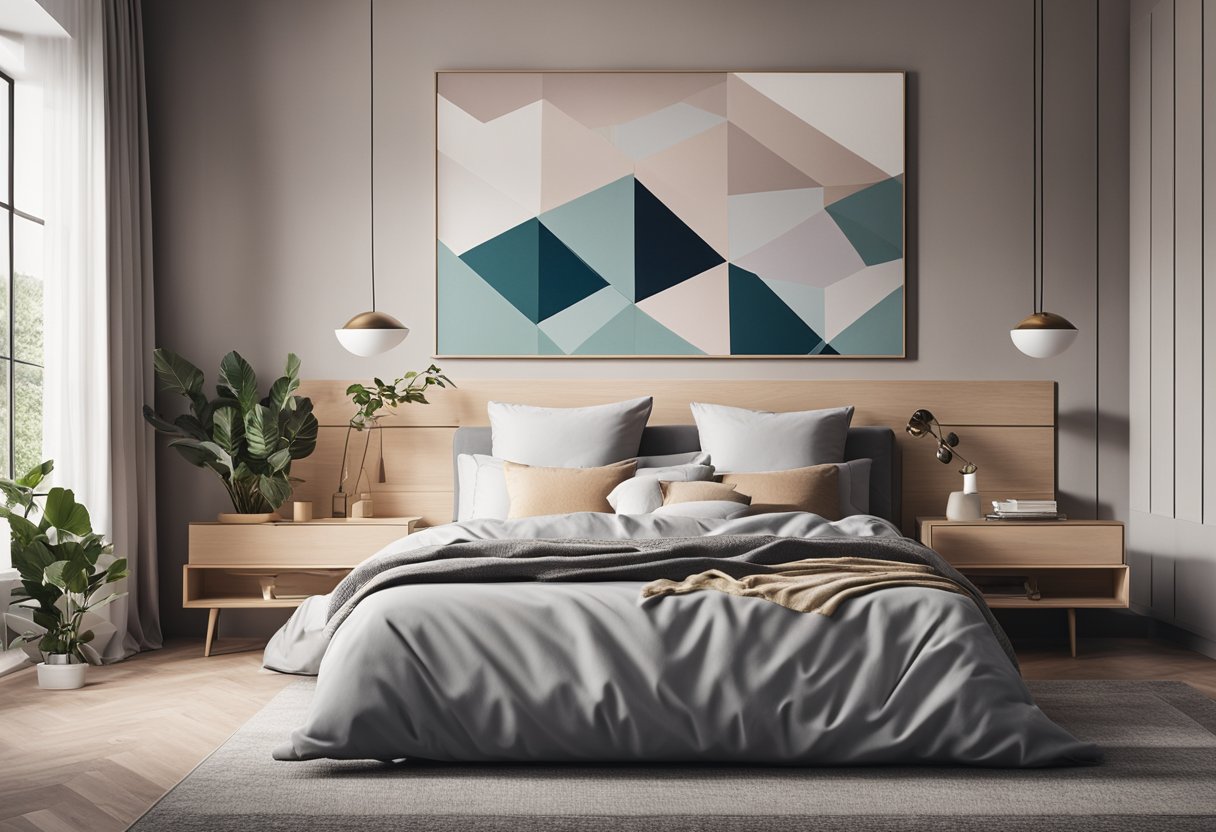 A cozy bedroom with a large, empty wall. A modern, geometric wall art design featuring soothing colors and clean lines