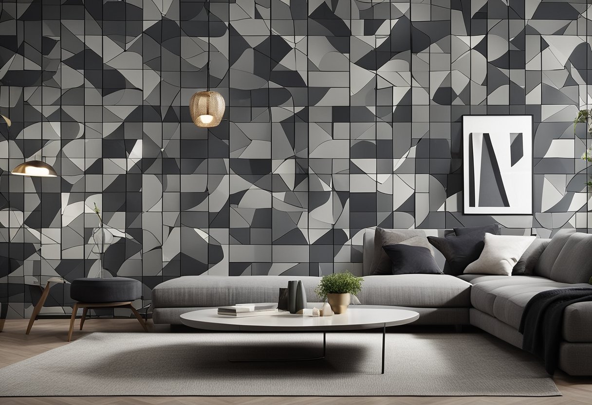 The living room features geometric wall cladding designs in various shades of gray, creating a modern and sleek aesthetic