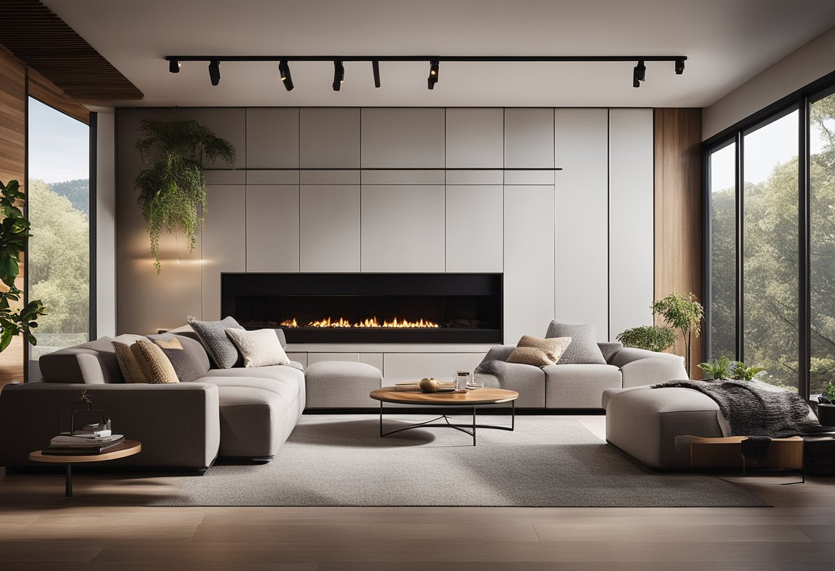 A cozy living room with various wall cladding materials such as wood, stone, and metal. Natural light illuminates the textures and patterns, creating a warm and inviting atmosphere