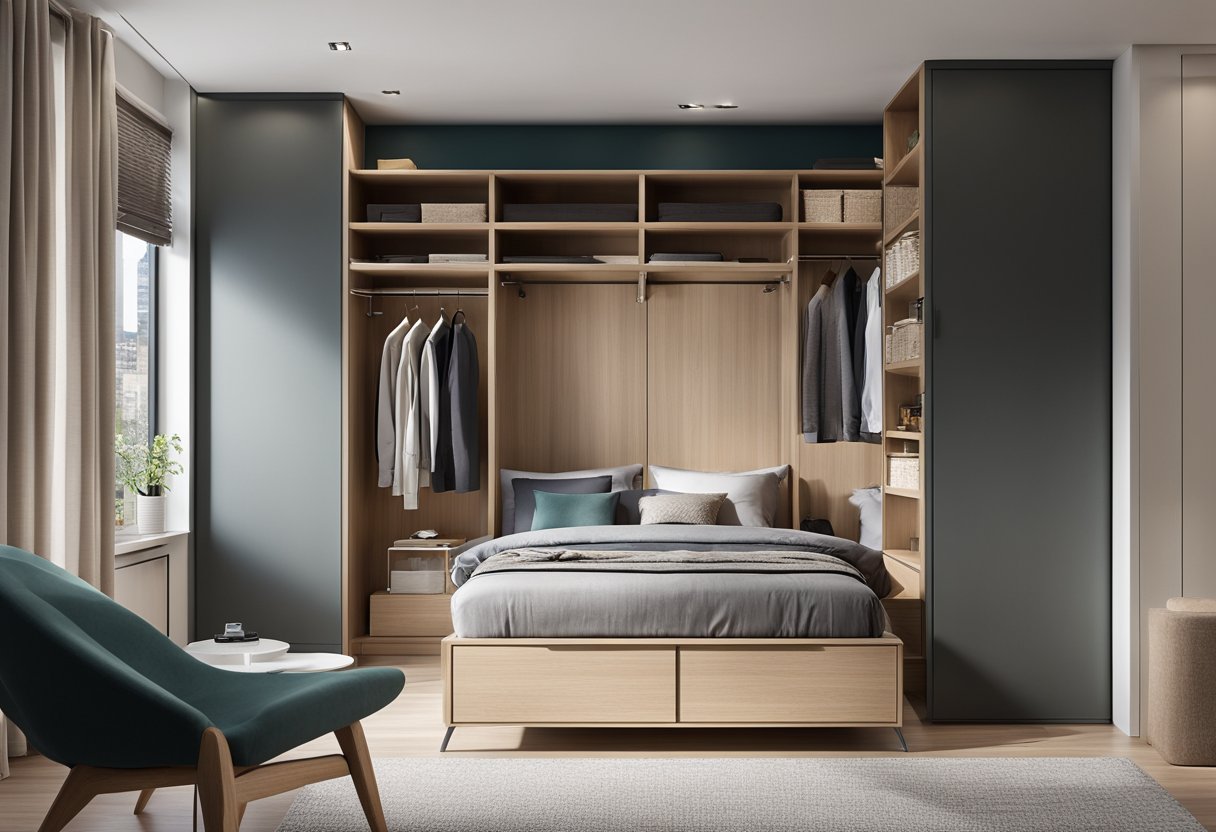 A modern bedroom with a sleek and stylish fitted wardrobe design, featuring clean lines, integrated handles, and a combination of open shelving and closed storage compartments