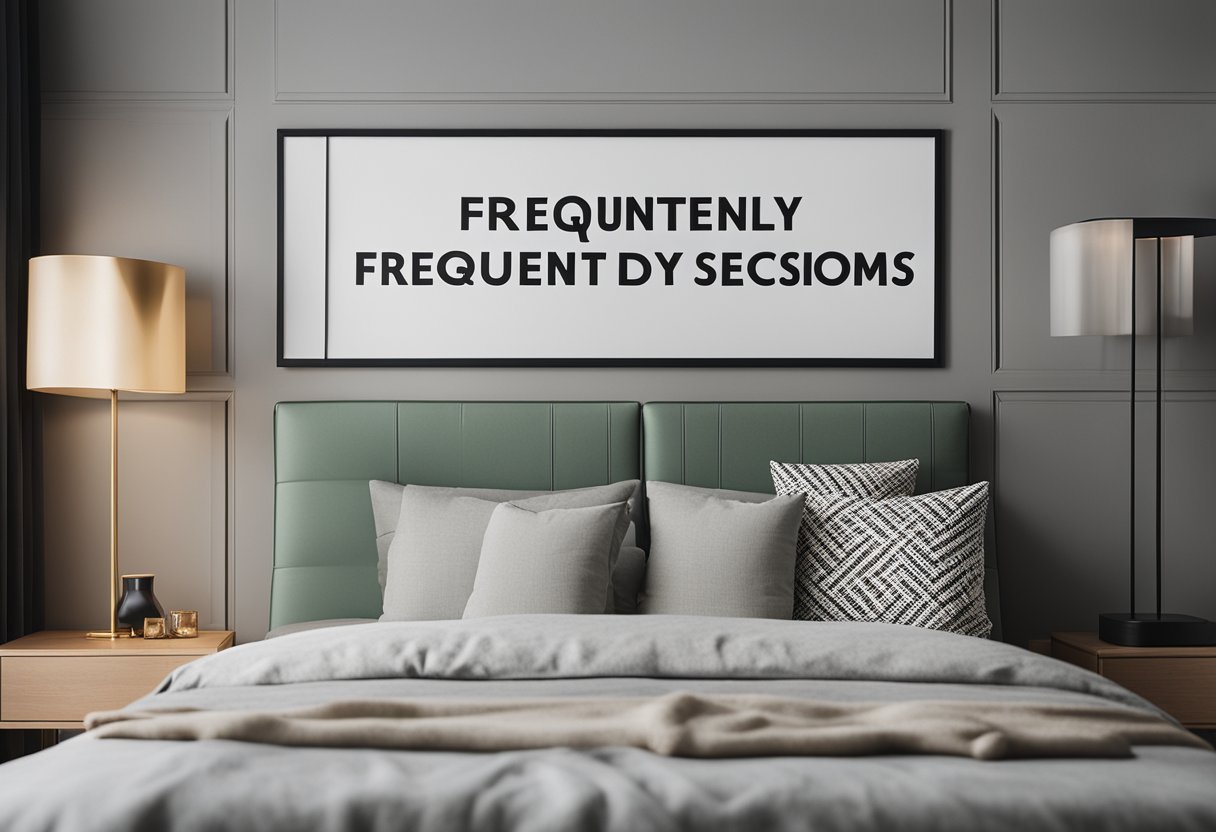A bedroom wall with a "Frequently Asked Questions" design in bold lettering, surrounded by decorative elements and framed by a clean, modern aesthetic
