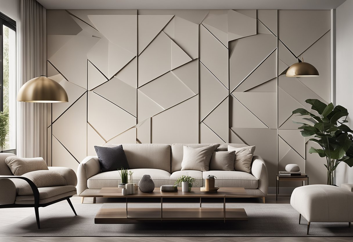 A modern living room with sleek, geometric wall cladding designs in a neutral color palette, creating a minimalist and sophisticated atmosphere