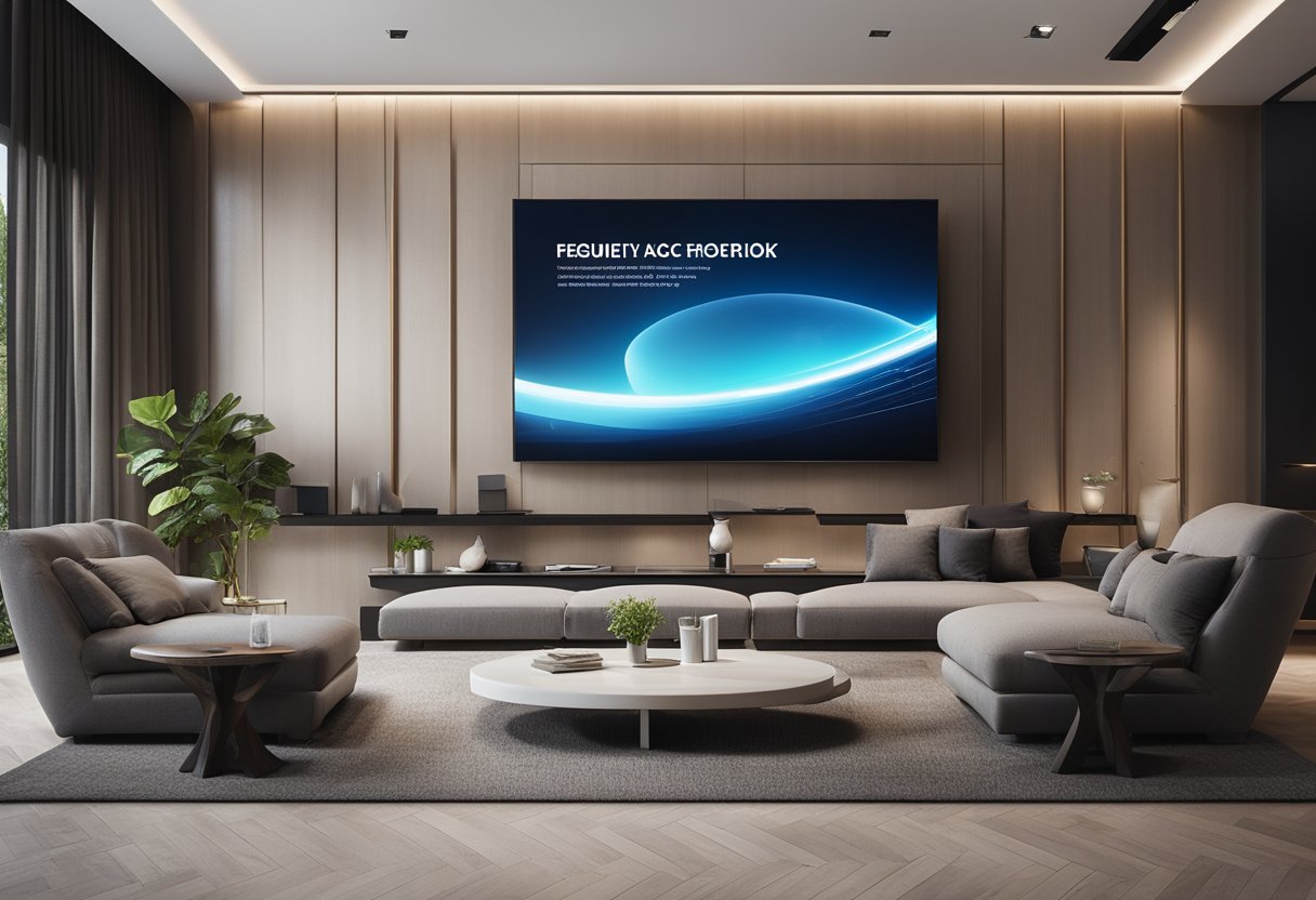 A modern living room with sleek wall cladding designs and a prominent "Frequently Asked Questions" display