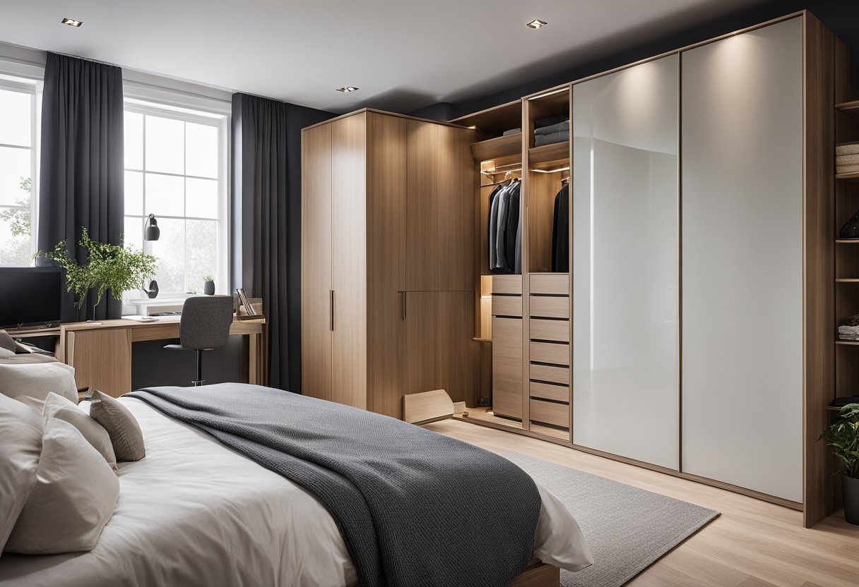 A spacious bedroom with a sleek, custom fitted wardrobe. Clean lines, modern finishes, and ample storage space