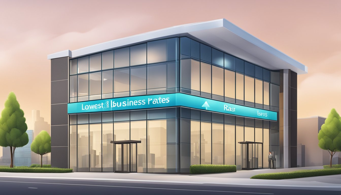 A bank sign displays "Lowest Business Loan Rates" with a percentage below 3.5%. The building is modern with glass windows and a professional atmosphere