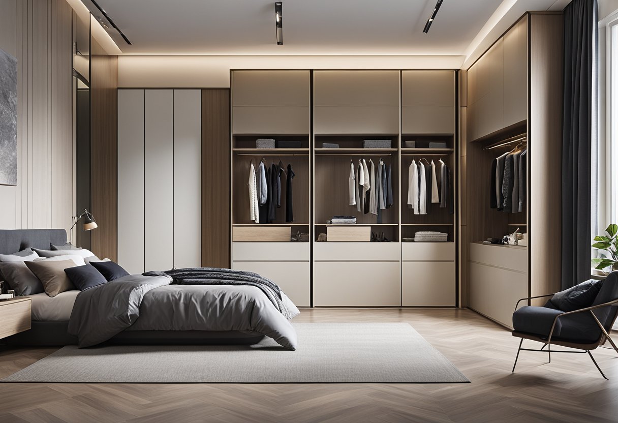 A spacious bedroom with a sleek, floor-to-ceiling fitted wardrobe. The wardrobe features sliding doors and various compartments for maximized storage