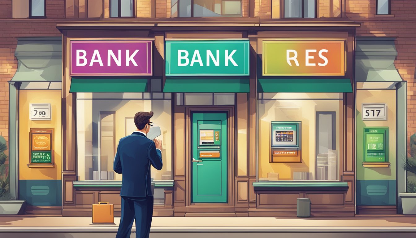 A business owner comparing bank signs for the lowest interest rates on a business loan