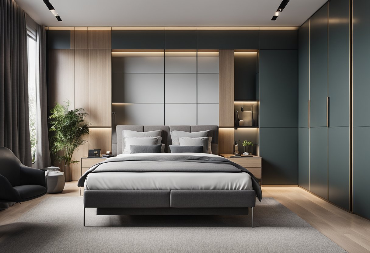 A bedroom with a modern, sleek fitted wardrobe design. Clean lines and efficient storage solutions