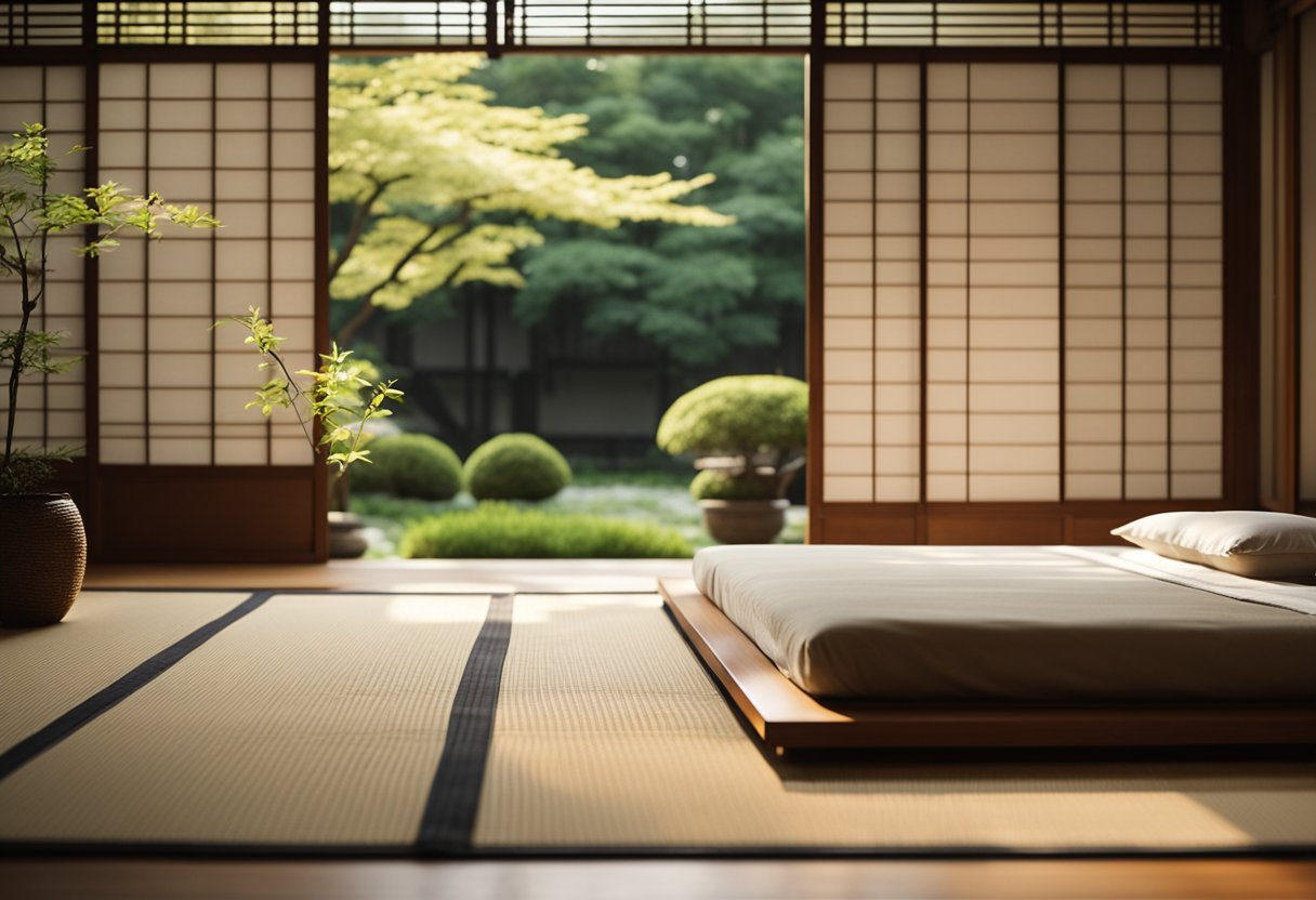 A low wooden bed sits on tatami mats. Sliding shoji screens reveal a peaceful garden. Minimalist decor and soft lighting create a serene atmosphere