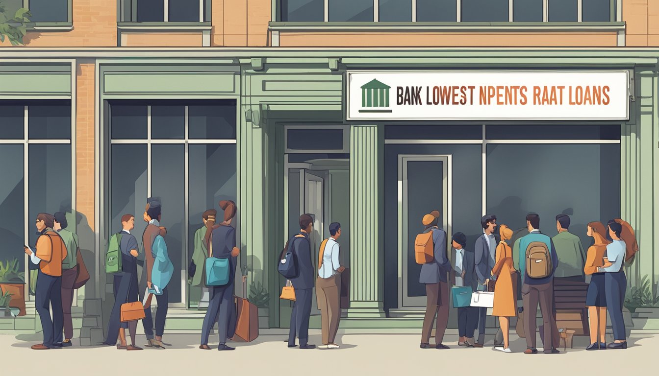 A bank sign with "Lowest Interest Rates for Business Loans" and a line of people waiting to inquire