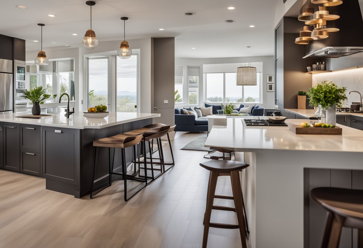A modern, open-concept kitchen seamlessly flows into a cozy, well-furnished living room. The kitchen island serves as a natural divider, while the color scheme and decor elements create a harmonious transition between the two spaces