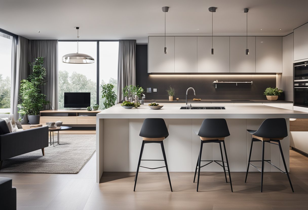 A modern kitchen and living room merge with sleek, minimalist design elements and open floor plan