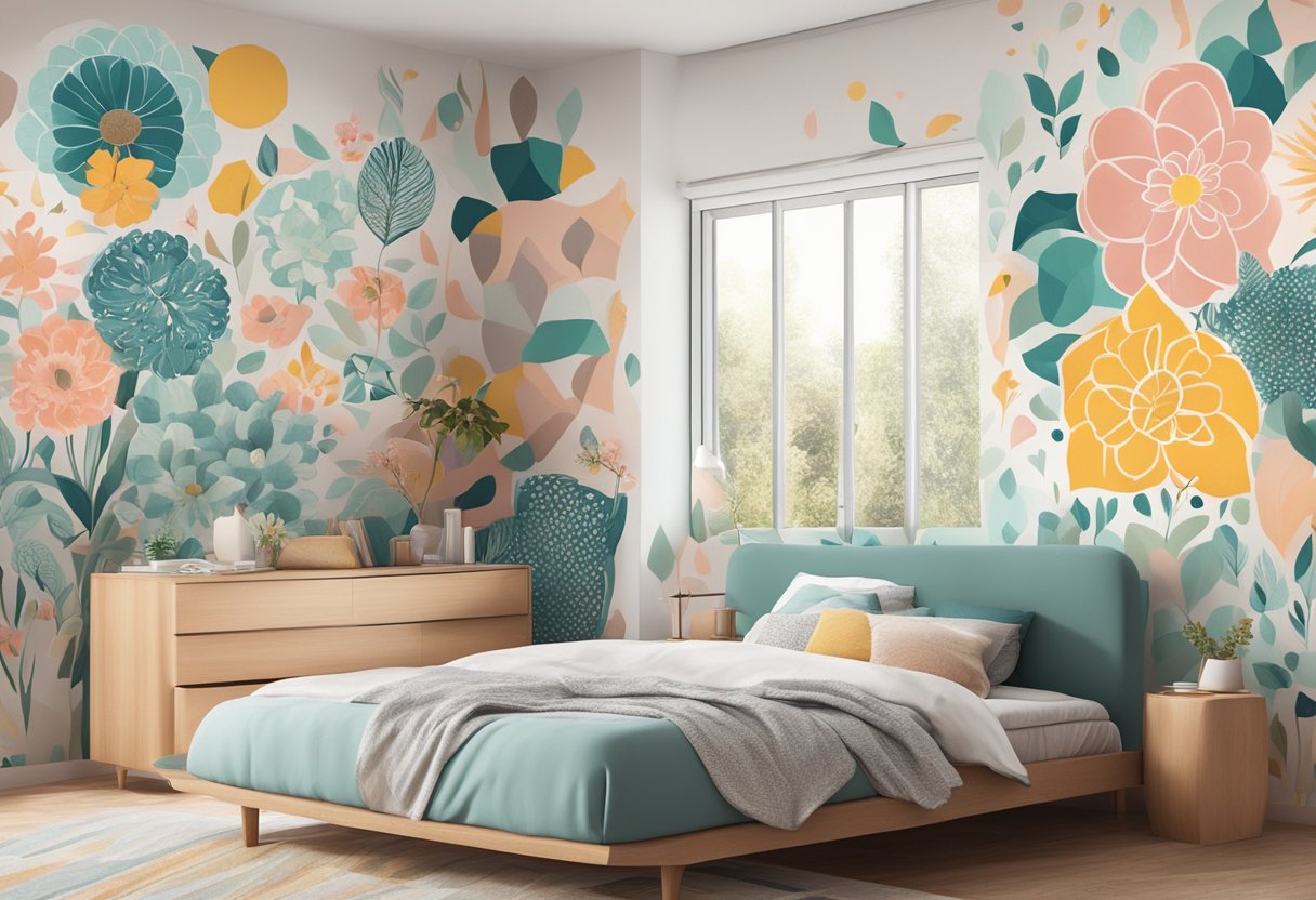 Colorful wall stickers adorn a cozy bedroom, featuring floral patterns, geometric shapes, and inspiring quotes