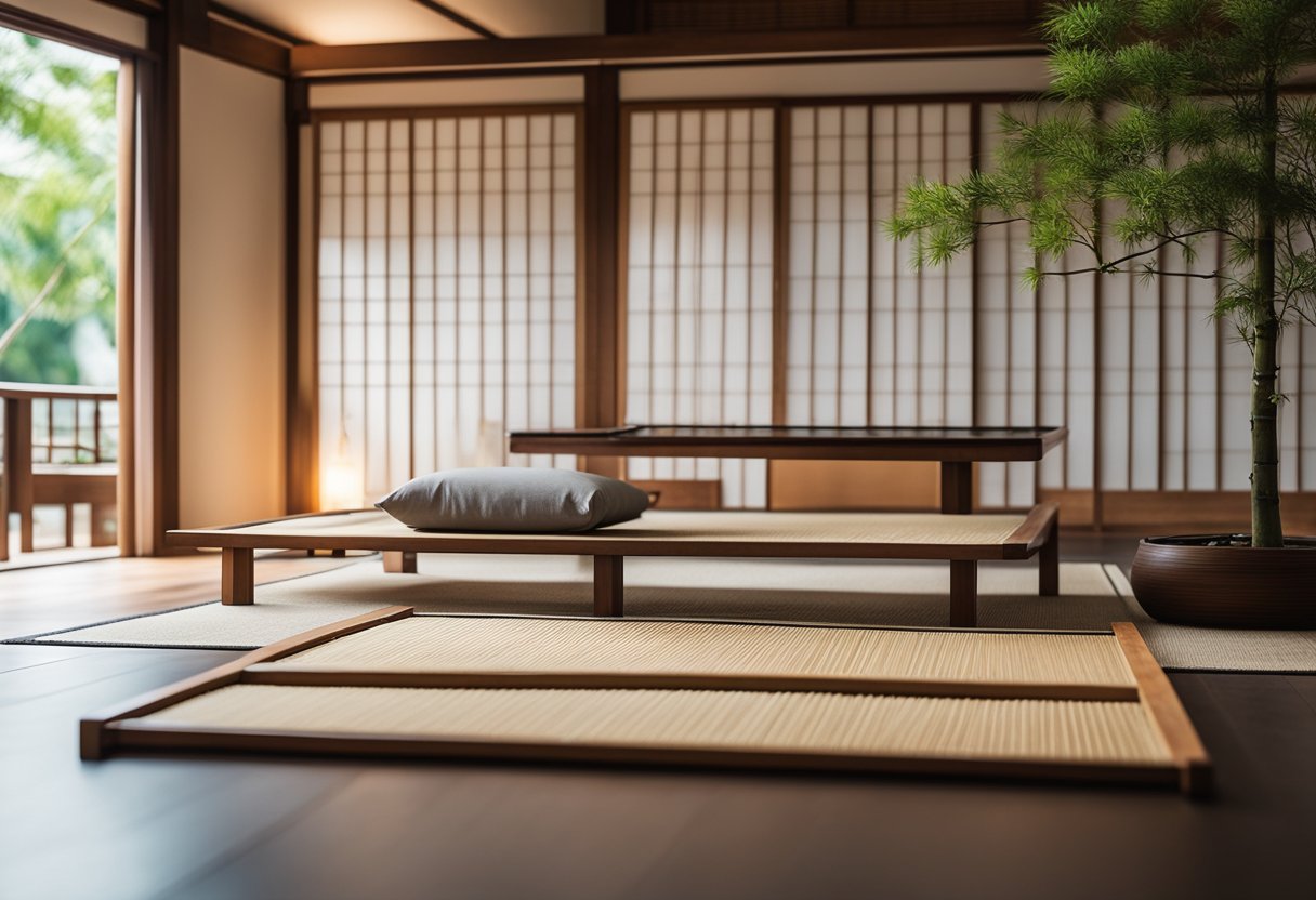 A low wooden platform bed with a futon mattress, paper shoji screens, a tatami mat floor, and minimalist decor with natural elements like bamboo and bonsai trees